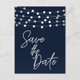 Blue String Lights Modern Script Save the Date Ankündigungspostkarte