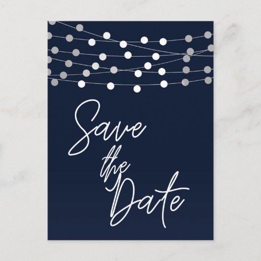 Blue String Lights Modern Script Save the Date Ankündigungspostkarte (Vorderseite)