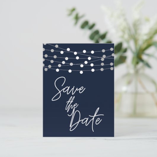 Blue String Lights Modern Script Save the Date Ankündigungspostkarte (Stehend Vorderseite)