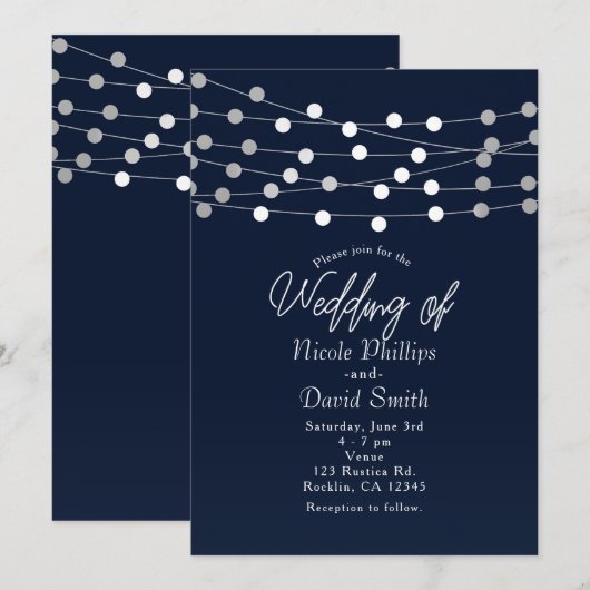Blue String Lights Moderne Chic Wedding Einladung (Vorne/Hinten)