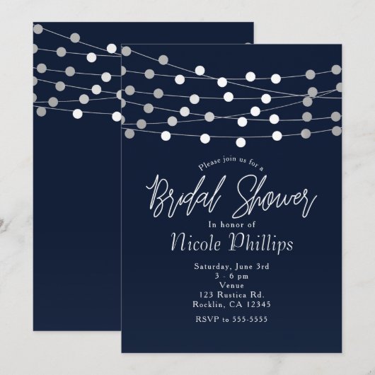 Blue String Lights Modernes Chic Brautparty Einladung (Vorne/Hinten)