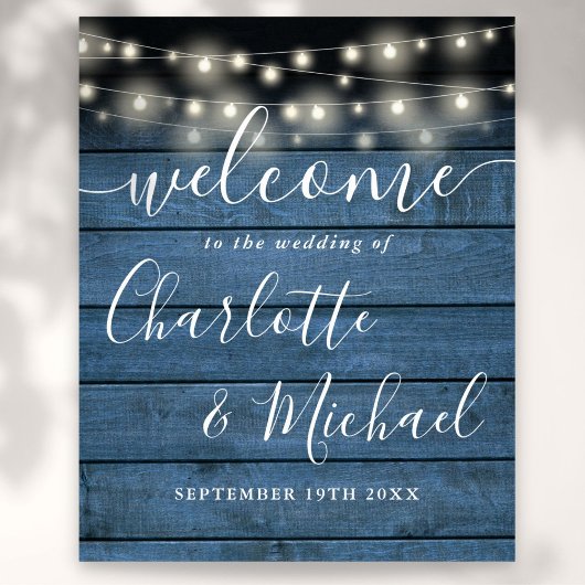 Blue String Lights Rustic Wedding Welcome Sign Poster