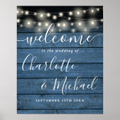 Blue String Lights Rustic Wedding Welcome Sign Poster (Vorne)