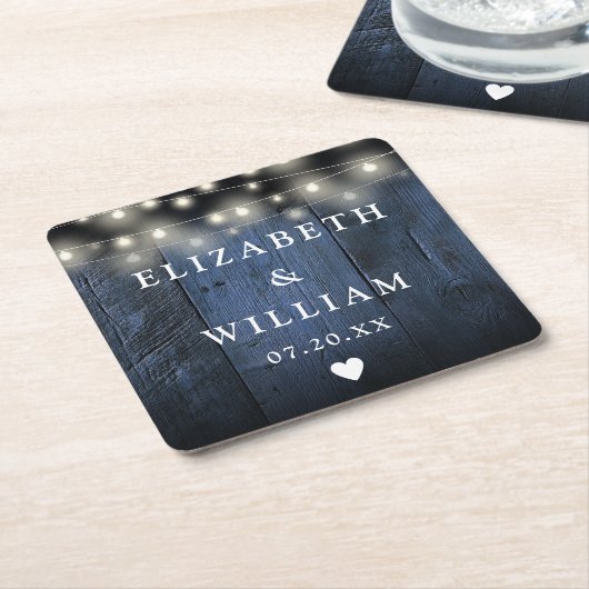 Blue String Lights Rustic Wood Boho Barn Wedding Rechteckiger Pappuntersetzer (angewinkelt)