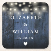 Blue String Lights Rustic Wood Boho Barn Wedding Rechteckiger Pappuntersetzer (Vorderseite)