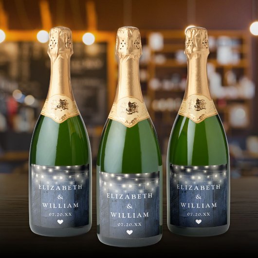 Blue String Lights Rustic Wood Boho Barn Wedding Schaumweinetikett