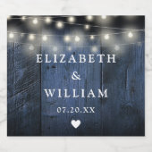 Blue String Lights Rustic Wood Boho Barn Wedding Schaumweinetikett (Einzelnes Label)