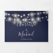 Blue String Lights Script Monogram Wedding Dreifach Gefaltete Einladung (Cover)