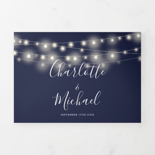 Blue String Lights Script Monogram Wedding Dreifach Gefaltete Einladung (Cover)
