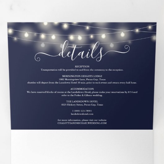 Blue String Lights Script Monogram Wedding Dreifach Gefaltete Einladung (Innen Erste Seite)