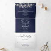 Blue String Lights Script Monogram Wedding Dreifach Gefaltete Einladung (Innenseite)