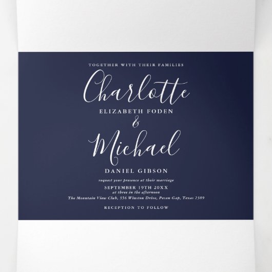 Blue String Lights Script Monogram Wedding Dreifach Gefaltete Einladung (Innenseite Mitte)