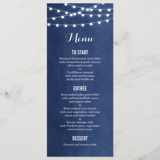 Blue String Lights Wedding Menu Card Menükarte (Vorderseite)