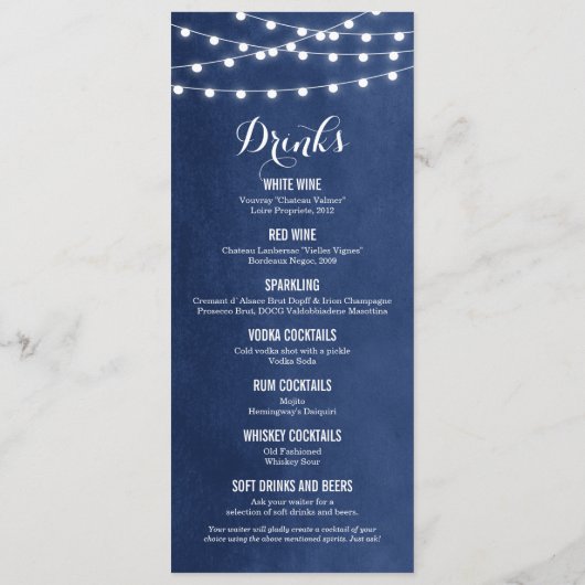 Blue String Lights Wedding Menu Card Menükarte (Rückseite)