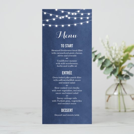 Blue String Lights Wedding Menu Card Menükarte (Stehend Vorderseite)