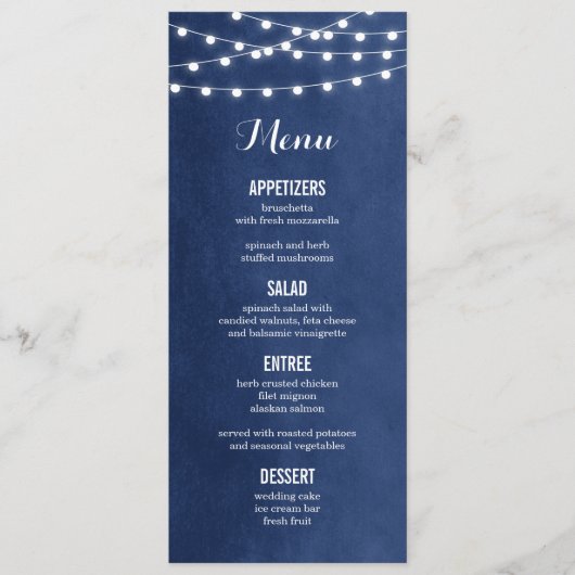 Blue String Lights Wedding Menu Card Menükarte (Vorderseite)