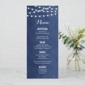 Blue String Lights Wedding Menu Card Menükarte (Stehend Vorderseite)
