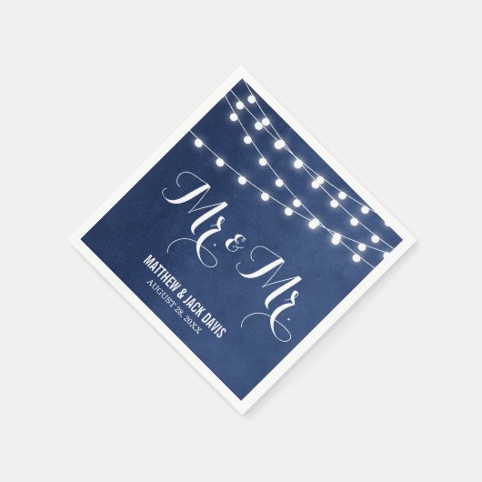 Blue String Lights Wedding Monogram Serviette (Ecke)