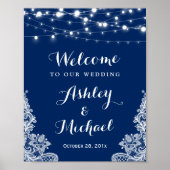 Blue String Lights White Lace Wedding Sign Poster (Vorne)