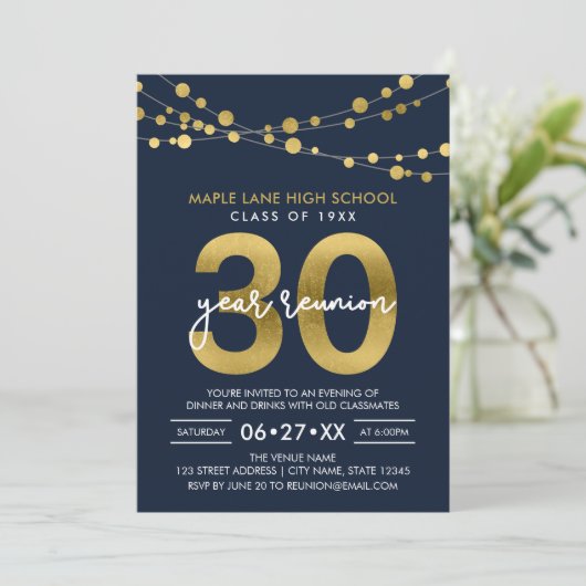 Blue Strings of Lights 30 Year Class Wiedersehen Einladung (Stehend Vorderseite)