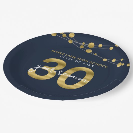 Blue Strings of Lights 30 Year Class Wiedersehen Pappteller (Schrägansicht)