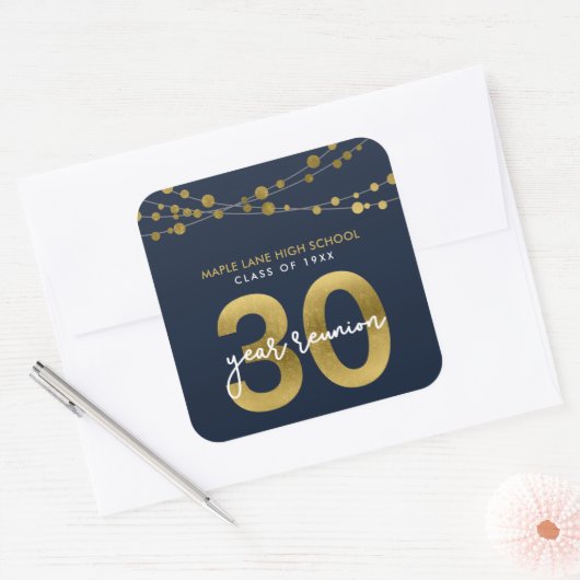 Blue Strings of Lights 30 Year Class Wiedersehen Quadratischer Aufkleber (Umschlag)