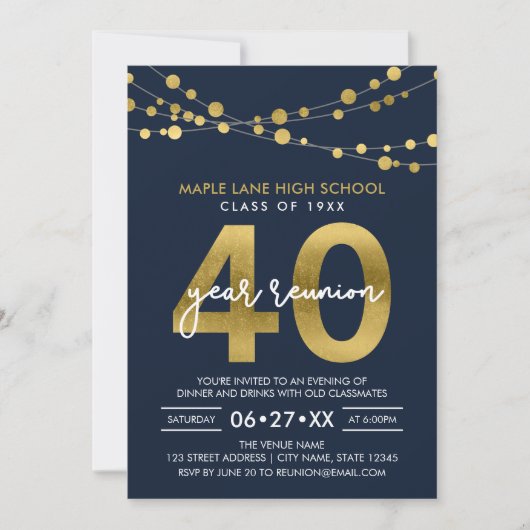 Blue Strings of Lights 40 Year Class Wiedersehen Einladung (Vorderseite)