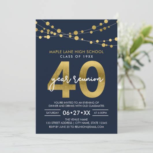 Blue Strings of Lights 40 Year Class Wiedersehen Einladung (Stehend Vorderseite)