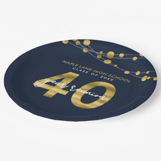 Blue Strings of Lights 40 Year Class Wiedersehen Pappteller (Schrägansicht)