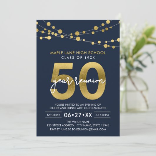 Blue Strings of Lights 50 Year Class Wiedersehen Einladung (Stehend Vorderseite)