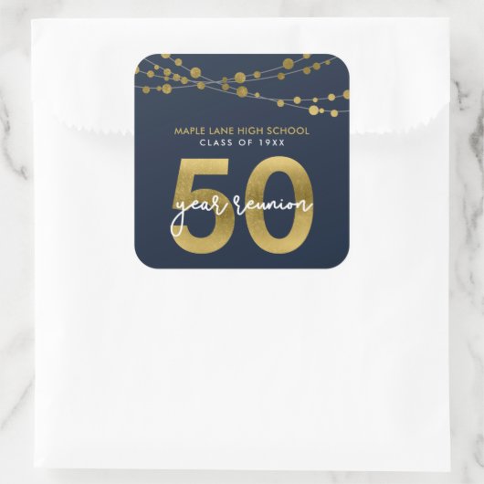 Blue Strings of Lights 50 Year Class Wiedersehen Quadratischer Aufkleber (Tasche)