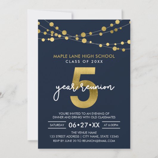 Blue Strings of Lights 5 Year Class Wiedersehen Einladung (Vorderseite)