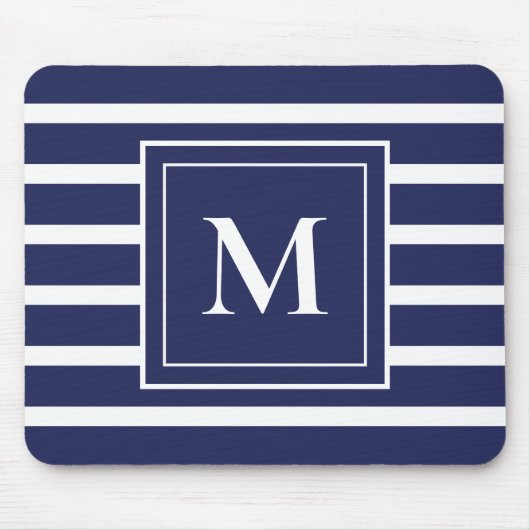 Blue Strip Modernes Monogram Coastal Beach Mousepad (Vorne)