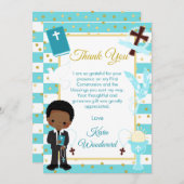 Blue Stripe African American Boy First Communation Dankeskarte (Vorne/Hinten)