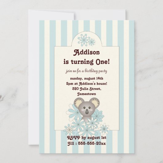 Blue Stripe Baby Koala Kindergeburtstag Einladung (Vorderseite)
