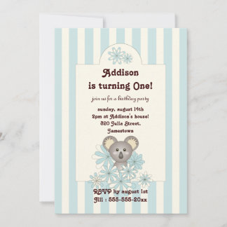 Blue Stripe Baby Koala Kindergeburtstag Einladung