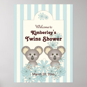 Blue Stripe Baby Koala Twin Kids Party Willkommen Poster