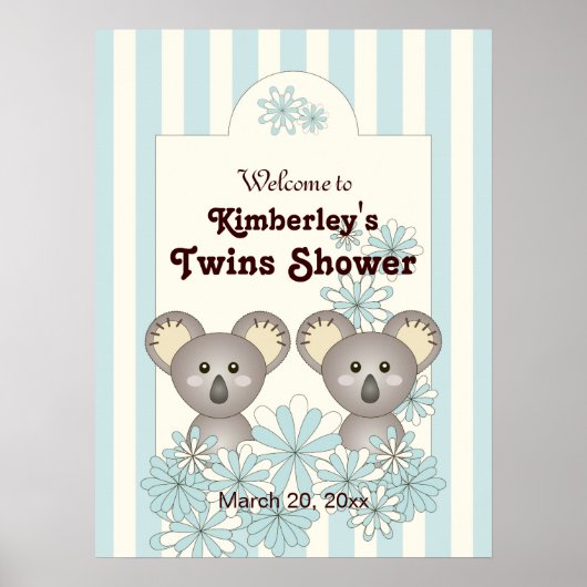 Blue Stripe Baby Koala Twin Kids Party Willkommen Poster (Vorne)