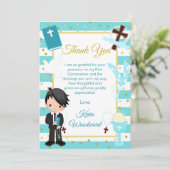 Blue Stripe Black Hair Boy Erste Heilige Kommune Dankeskarte (Stehend Vorderseite)