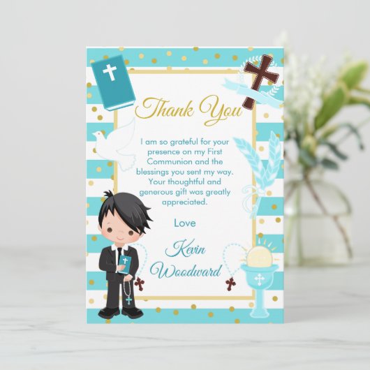 Blue Stripe Black Hair Boy Erste Heilige Kommune Dankeskarte (Stehend Vorderseite)