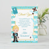 Blue Stripe Blonde Boy Erste Heilige Kommune Dankeskarte (Stehend Vorderseite)