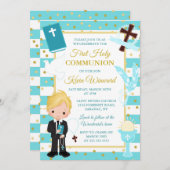 Blue Stripe Blonde Boy Erste Heilige Kommune Einladung (Vorne/Hinten)