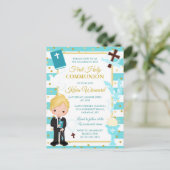 Blue Stripe Blonde Boy Erste Heilige Kommune Postc Postkarte (Stehend Vorderseite)