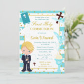 Blue Stripe Blonde Harbour Junge Erste Heilige Kom Einladung (Stehend Vorderseite)