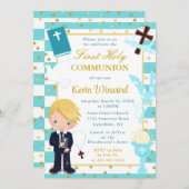Blue Stripe Blonde Harbour Junge Erste Heilige Kom Einladung (Vorne/Hinten)