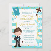 Blue Stripe Brünett Boy First Heilige Kommunion Einladung (Vorderseite)