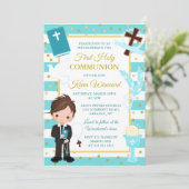 Blue Stripe Brünett Boy First Heilige Kommunion Einladung (Stehend Vorderseite)