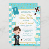 Blue Stripe Brünett Boy First Heilige Kommunion Einladung (Vorne/Hinten)