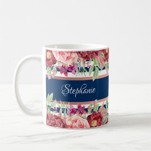 Blue Stripe Burgundy Personalisierter Name Kaffeetasse (Links)