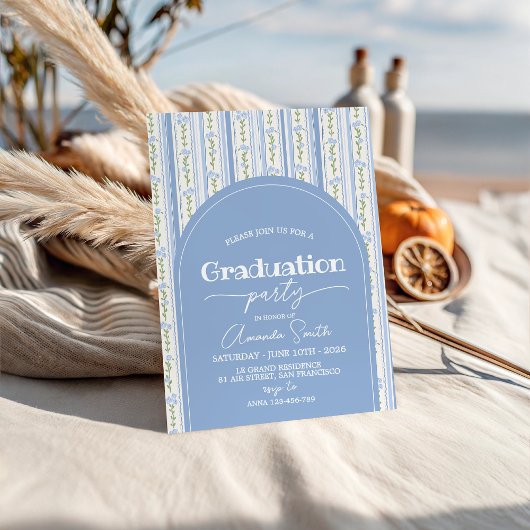 Blue Stripe Floral Arch Graduation Invite Einladung